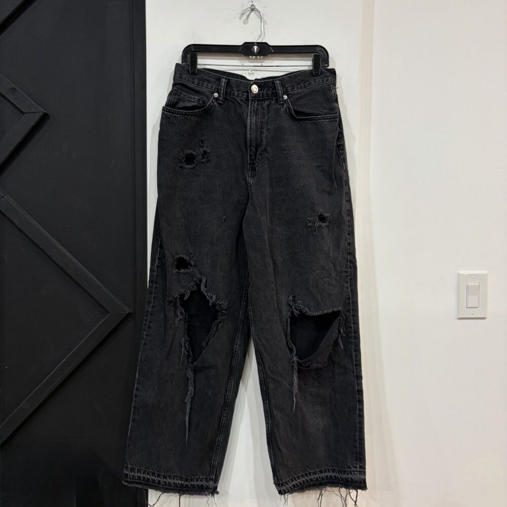 H&M Women’s Black Baggy Fit Distressed Ripped Jeans 30 Waist Frayed Hem